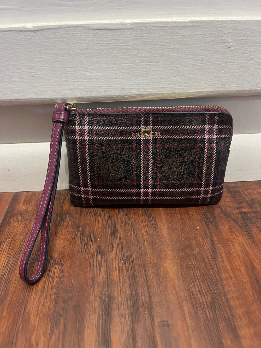 Coach Brown and Purple Plaid Wristlet
